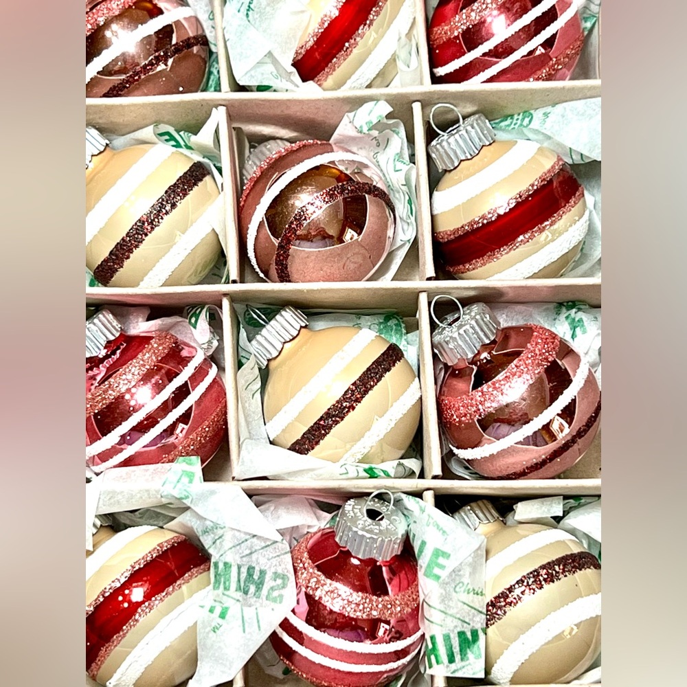 20 Christmas Radko Glass Ball Ornaments Burgundy Beige White Pink Glitter Stripe - Picture 9 of 15